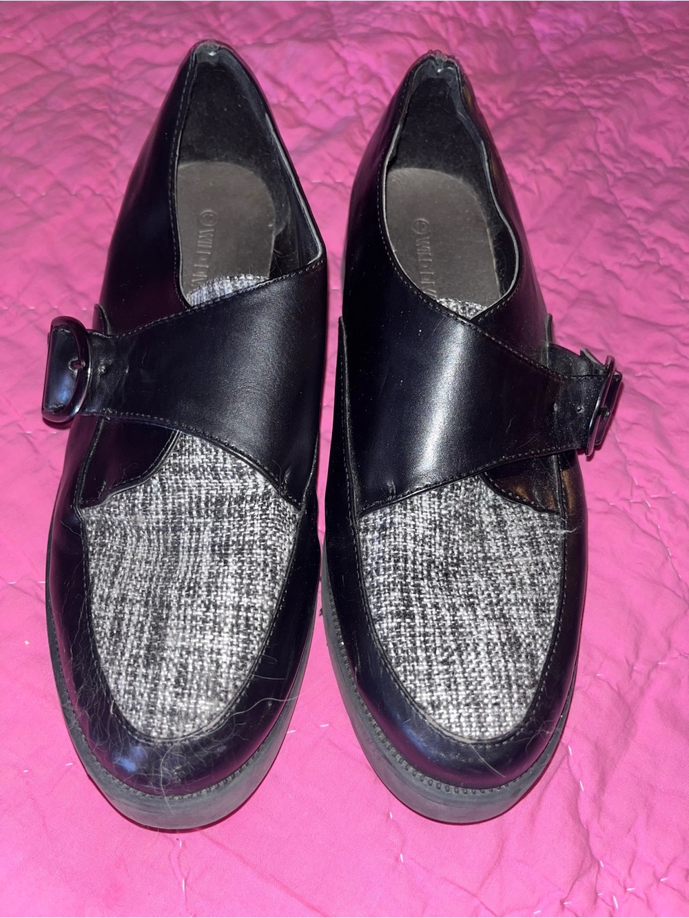 Wild Diva Black Leather & Gray Tweed Slip-On Loafers comfy size 10 platform